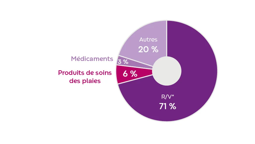 Diagramme circulaire montrant la répartition des coûts du traitement des plaies : Visites (71 %), Autres (20 %), Produits de soins des plaies (6 %), Médicaments (3 %).