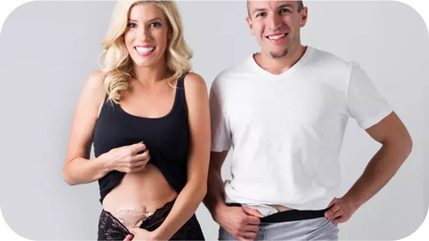 A man and a woman showcasing Ostomysecrets® solutions.