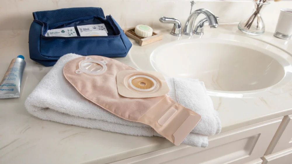 ostomy products on a sink